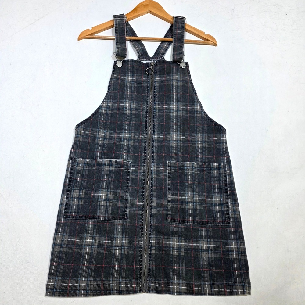 Tinsel Town Jumper Dress Womens M Gray Plaid Front Zip Pinafore Overall Skirt